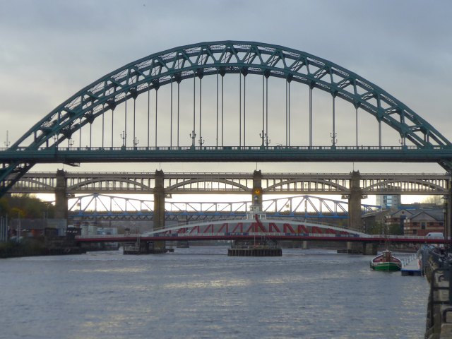 Newcastle: fünf Tyne-Brücken auf einem Bild von Ost nach West