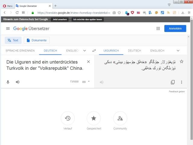 Google Translate übersetzt Uigurisch (Bildschirm-Schnappschuß: Gösta Thomas)