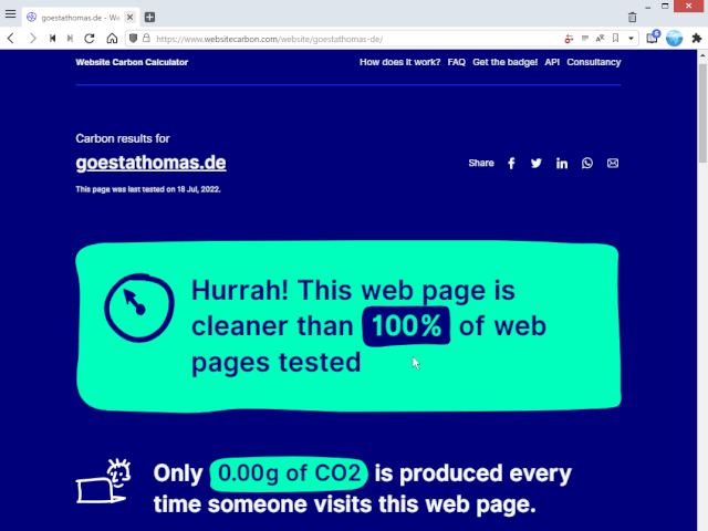 Websitecarbon.com-Test von goestathomas.de (Bildschirm-Schnappschuß: Gösta Thomas)